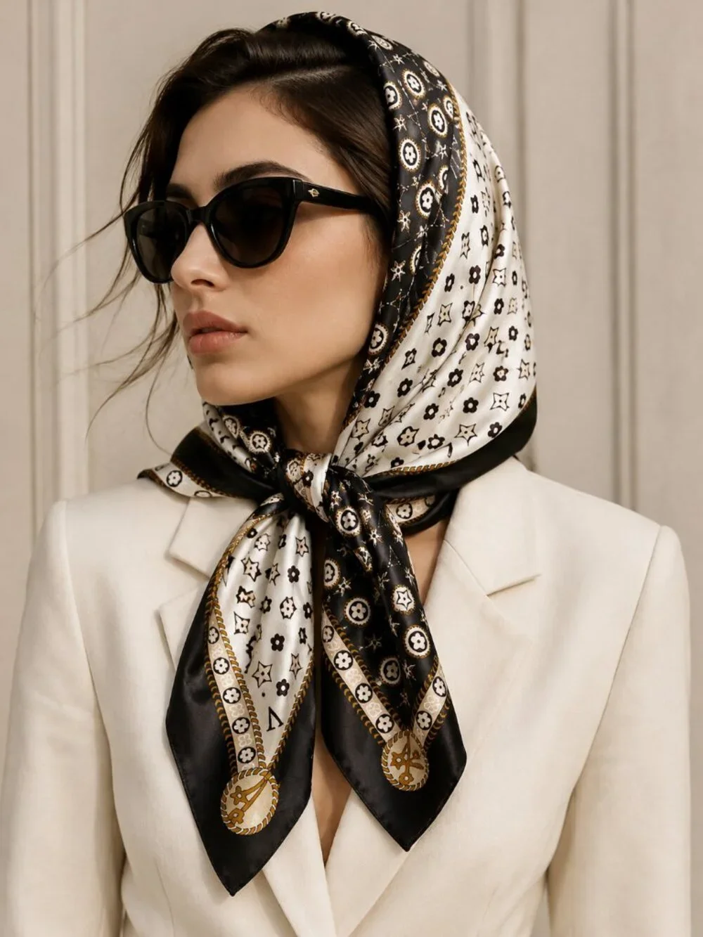 Black Ivory Gold Monogram Print Square Scarf Silky Satin Hair Neck Wrap